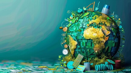 A vibrant illustration of a globe being painted green by various financial instruments