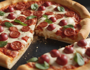 Fetta di pizza quattro stagioni con prosciutto, funghi, carciofi e olive.
