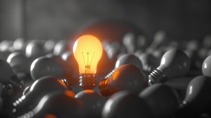 Illuminated bulb standing out in a pile of unlit bulbs, Minimalist, Grey tones, Digital art, Highlighting creativity and ideas