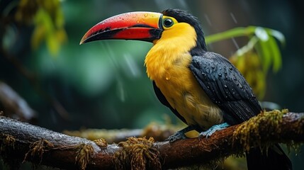 Chestnut-Mandibled Toucan Perched on a Mossy Branch in a Rainforest