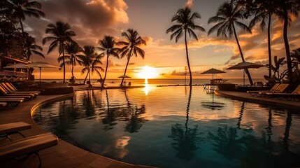 Obraz premium Stunning Poolside at Tropical Resort with Beautiful Sunset Sky and Palm Trees