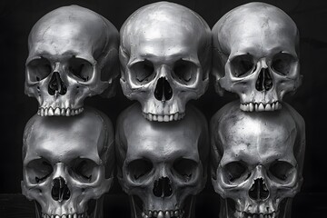 Intense Close-Up of Four Human Skulls in Black and White