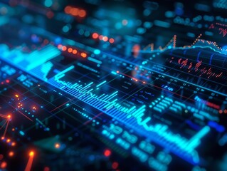 Fototapeta premium Neon blue financial chart with holographic data points, glowing lines, and a dark background, cyberpunk, digital art