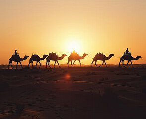 Fototapeta na wymiar A stock image photograph of A group of camels trekking across the desert, silhouetted against the setting sun. in a clear, balanced lighting that highlights the subjects, a neutral and professional fe