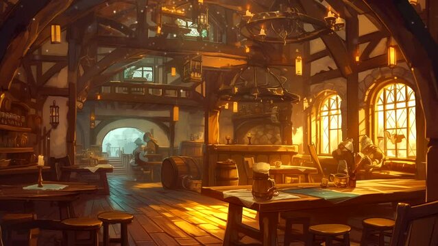 Fantasy medieval tavern interior with furniture and fireplace, adventurers relaxing. Looping time-lapse animation background.