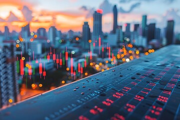 Urban Skyline View with Blurred Stock Market Graph Overlay at Twilight