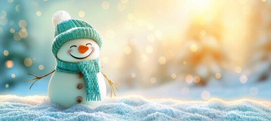 Festive winter holiday banner  cheerful snowman in hat and scarf on snowy background with copy space