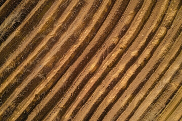 A top-down view of a freshly plowed field, with rows of soil creating a textured pattern.