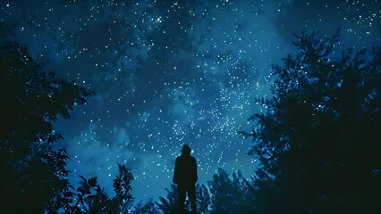 Starry night sky with silhouette of a lone person gazing upwards