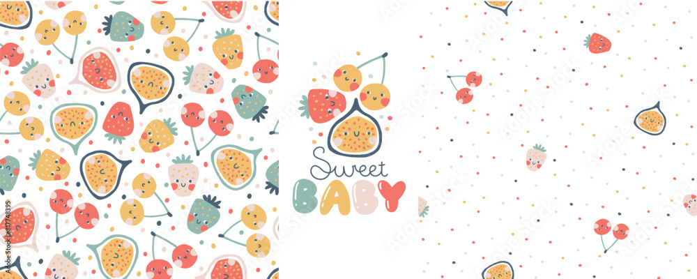 Sticker Fruit seamless pattern set. Vector cartoon minimalistic background with cute smiling fruit characters in simple hand drawn style. Pastel colors on a white background with polka dots.