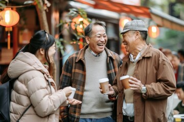 Happy asian senior couple holding coffee cups and talking in the street