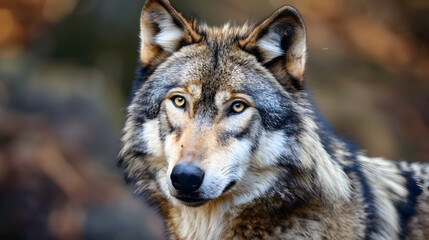 Fototapeta premium wolf in a forest. A closeup of a wolf with piercing eyes, thick fur, and sharp features, set against the blurred backdrop of a forest..