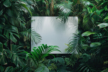 White empty banner in the middle of the tropical forest. Generated by artificial intelligence