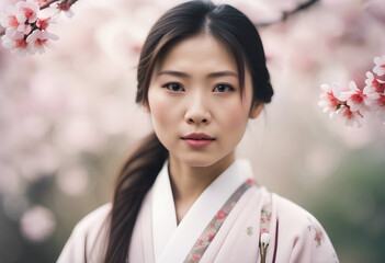 Portrait of Asian woman with traditional clothes, isolated white and sakura leafy background