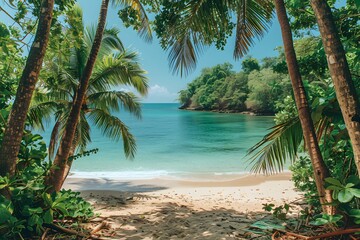 Idyllic Tropical Beach Paradise Framed by Green Palms