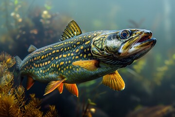 Pike fish lurking in murky waters, depicting freshwater predators. 