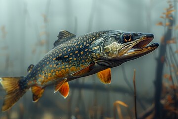 Pike fish lurking in murky waters, depicting freshwater predators. 