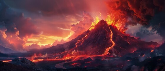 Volcano exploding with molten lava and ash under a twilight sky, fiery red and orange hues contrasting with dark smoke, capturing the raw power of nature, photorealistic style