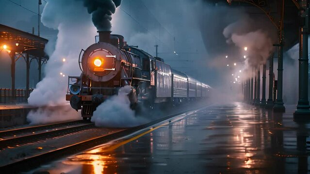 Vintage steam train arriving at foggy station at dusk