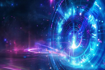 Obraz premium Zodiac wheel glowing with blue and purple lights, mystical aura, astrological symbols, celestial theme, radiant light beams, digital illustration