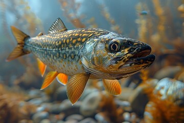 Fototapeta premium Pike fish lurking in murky waters, depicting freshwater predators. 