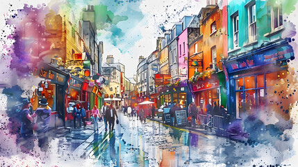 A vibrant portrayal of Dublin's Temple Bar district on St. Patrick's Day, with its colorful storefronts, lively street performers, and bustling crowds, all rendered in bold watercolor hues.