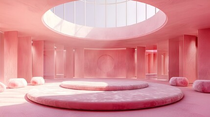AI generated illustration of a room with pink walls and a round open ceiling