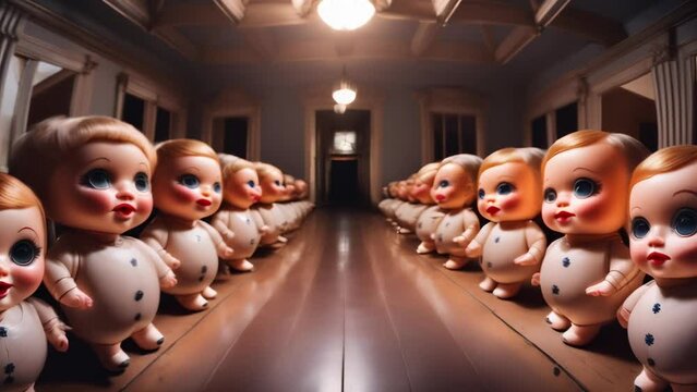 A dimly lit hallway is filled with rows of creepy dolls, their blank stares and identical appearances creating an unsettling atmosphere. 