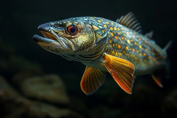 Obraz premium Pike fish lurking in murky waters, depicting freshwater predators. 