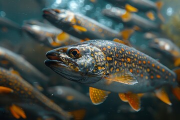 Pike fish lurking in murky waters, depicting freshwater predators. 