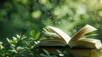 A magical open book in a lush green forest with light particles dancing around, creating a serene and mystical atmosphere..