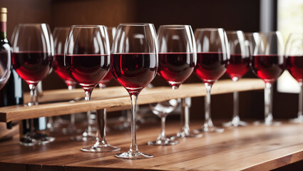 There are nine wine glasses on a wooden rack. The glasses are all filled with red wine to varying levels.

