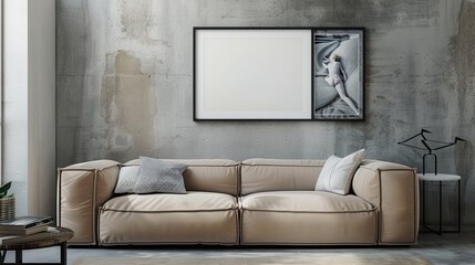Frame mockup with a beige sofa against a concrete wall in a modern living room. Perfect for showcasing artwork or photos in stock photo platforms.