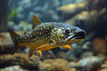 Obraz premium Pike fish lurking in murky waters, depicting freshwater predators. 
