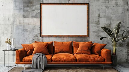 Frame mockup with a burnt orange sofa against a concrete wall in a modern living room. Perfect for showcasing artwork or photos in stock photo platforms.