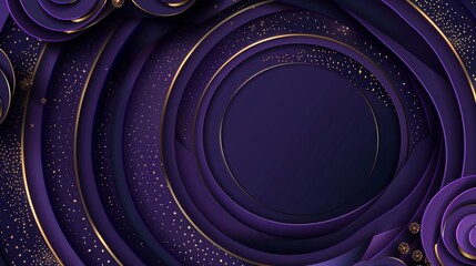 Abstract background,  with layers of geometric shapes in deep royal purple tones, complemented by intricate gold embellishments 
