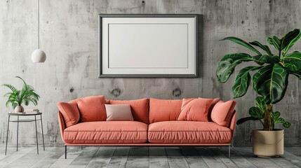 Frame mockup with a salmon pink sofa against a concrete wall in a modern living room. Perfect for showcasing artwork or photos in stock photo platforms.