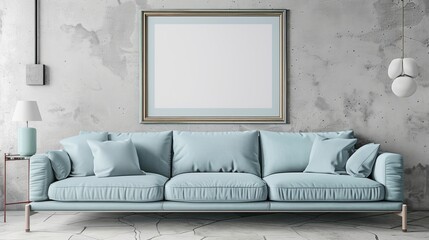 Frame mockup with a light blue sofa against a concrete wall in a modern living room. Perfect for showcasing artwork or photos in stock photo platforms.