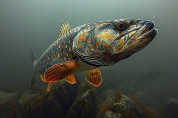 Pike fish lurking in murky waters, depicting freshwater predators. 