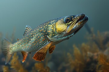 Fototapeta premium Pike fish lurking in murky waters, depicting freshwater predators. 
