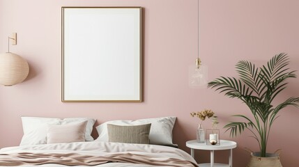 Frame mockup with a blush pink sofa against a concrete wall in a modern living room. Perfect for showcasing artwork or photos in stock photo platforms.
