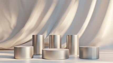 Row of silver metal podiums on a 3D stage, close up on linear progression, concept of sequential product unveiling, realistic, Composite, muted tone backdrop