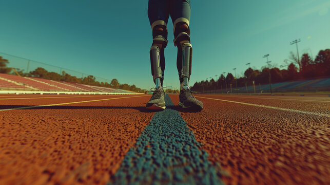 Athletic Prosthetic Runner on Track at Sunset. Generative ai. - Powered by Adobe