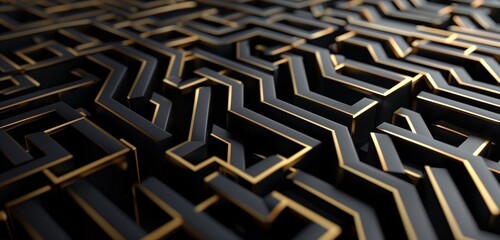 Abstract background, 3D geometric lines in shimmering metallic gold,  against black backdrop to create a mesmerizing maze-like pattern