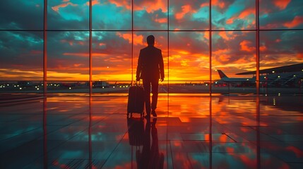 Businessman with Wheeled Bag Walking in Airport Terminal at Dramatic Sunset