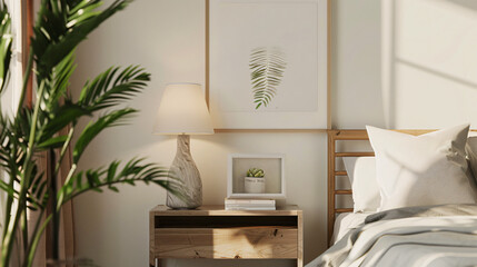 Bedside table with photo frame and houseplant in light