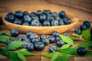 Heidelbeere Vaccinium myrtillus auch Blaubeere genannt auf Olivenholz