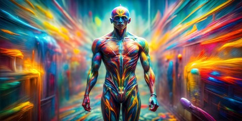 Fototapeta premium full body shot insane abstract humanoid colorful flashy surface and mixture between human and background fluid stroks and madnes combosition