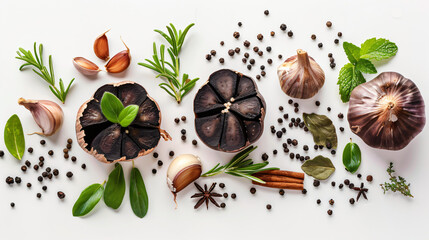 Black garlic herbs and spices on white background