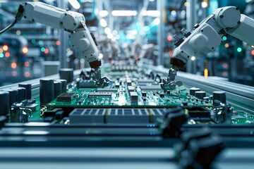 Automated robots busy assembling products on a circuit board inside a modern factory